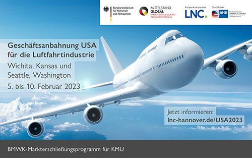 Vom 05. Februar bis zum 10. Februar 2023 führen das Delegiertenbüro der deutschen Wirtschaft in San Francisco und die AHK USA-Chicago in Zusammenarbeit mit der LNC LogisticNetwork Consultants GmbH, im Auftrag des Bundesministeriums für Wirtschaft und Klimaschutz (BMWK), eine Geschäftsanbahnungsreise nach Kansas und Washington State durch. 